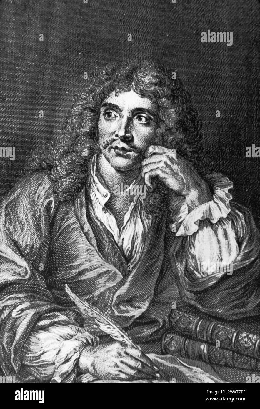 Portrait of French playwriter Moliere, engraving by Lepiciè after a painting by Charles Coypel, 17th century Stock Photo
