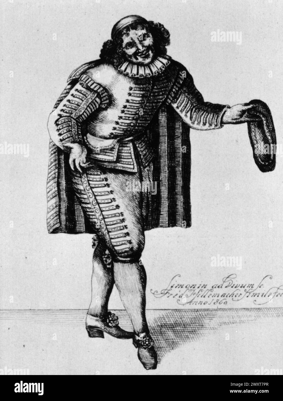 French playwriter Moliere in the costume of the character Sganarelle, illustration, 17th century Stock Photo