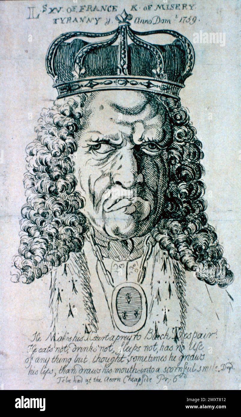 The Seven Years' War: Louis XV of France, King of Misery cartoon by English painter, illustration 1759 Stock Photo