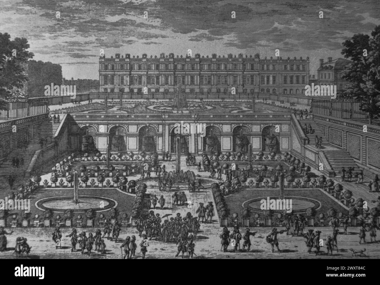 The Orangerie at the Palace of Versailles, engraving, 17th century Stock Photo