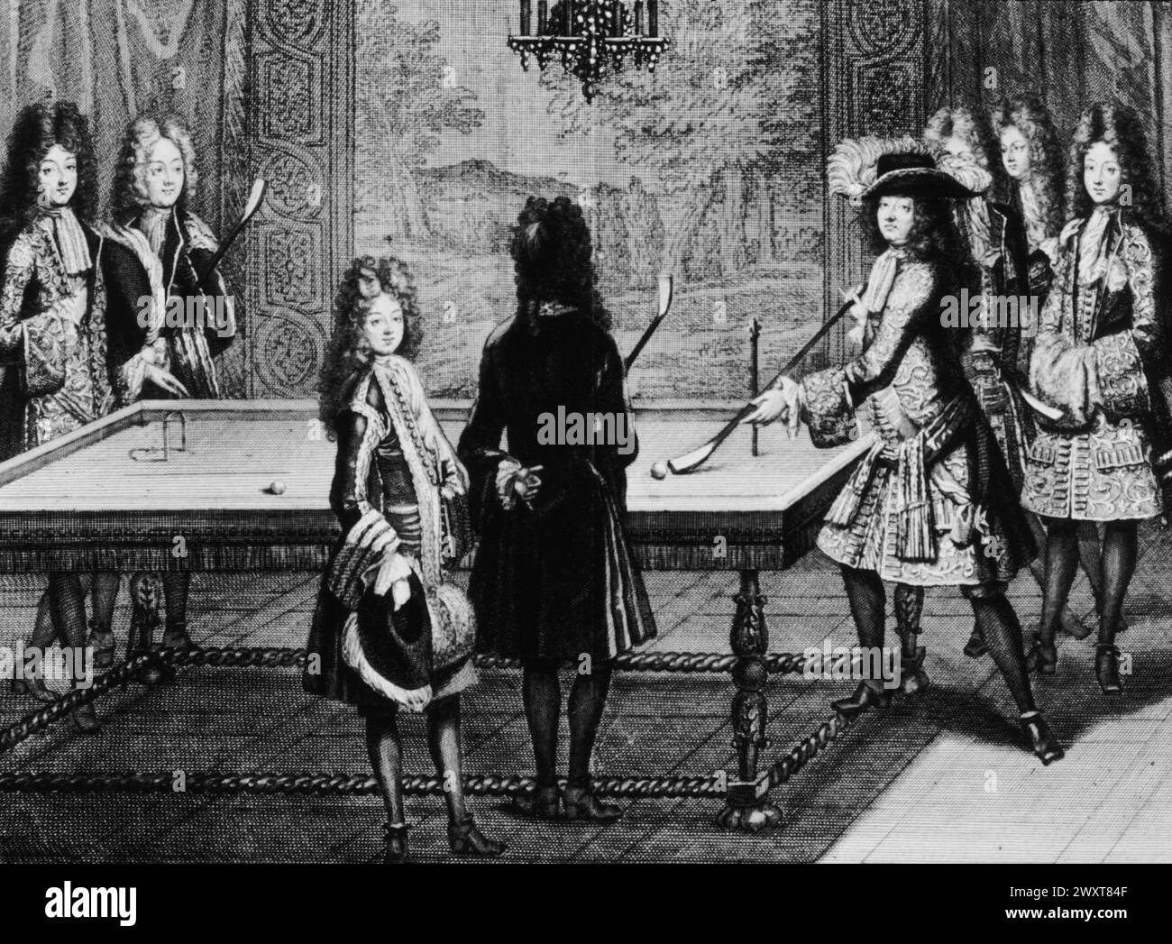 King Louis XIV of France playing billiards, etching by French artist Antoine Trouvain, 17th century Stock Photo