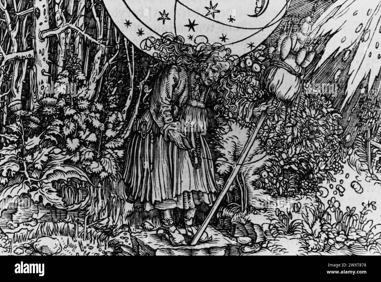 A witch, or Lady fate, woodcut by Hans Weiditz, 16th century Stock Photo