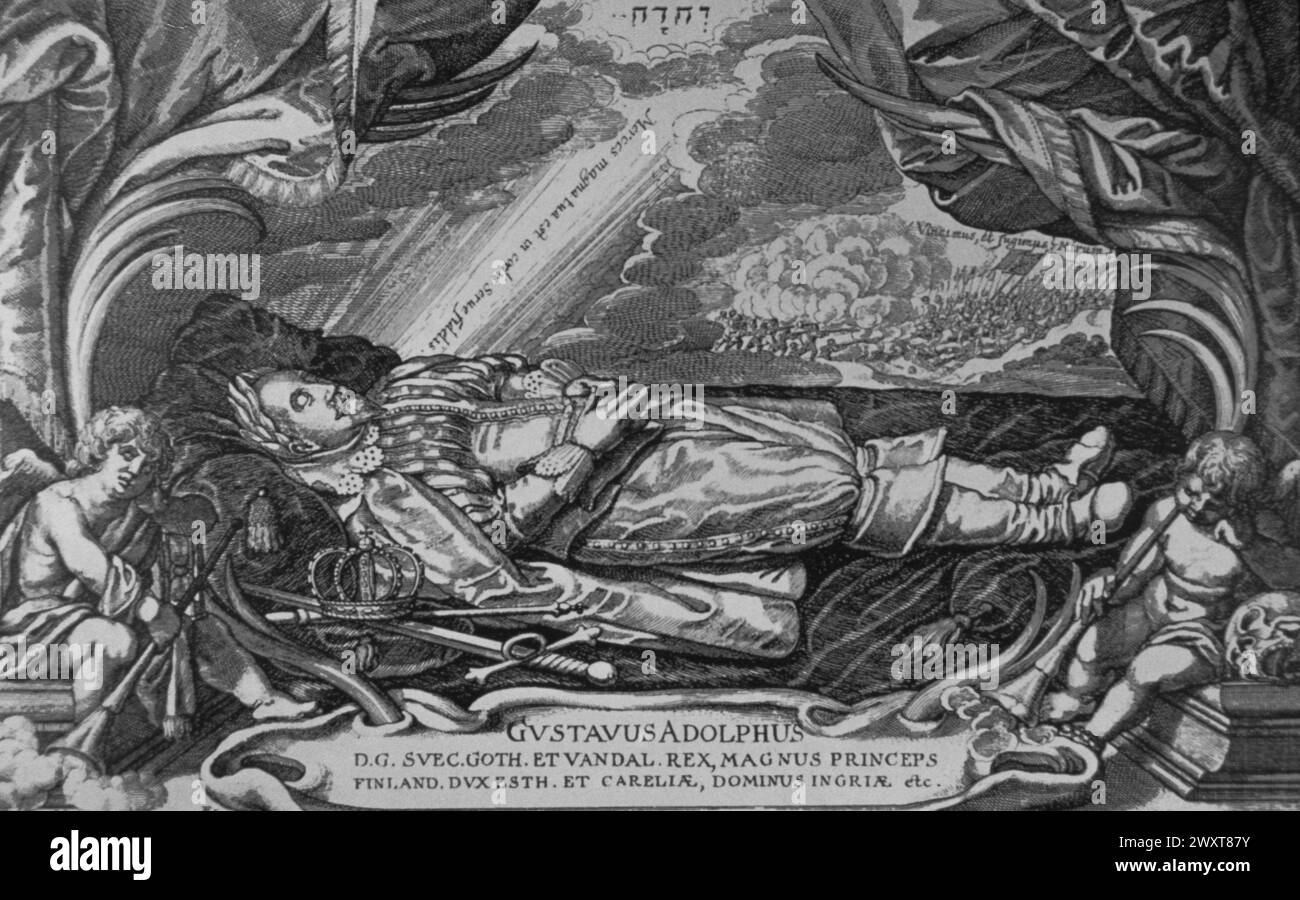 The Death of Gustavus Adolphus of Sweden, engraving by John Hulsmann, 17th century Stock Photo