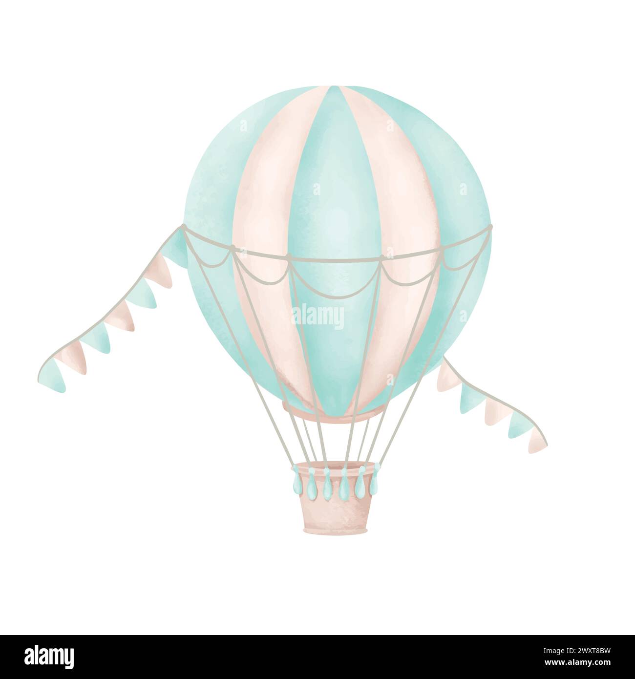 Air balloon, flags, watercolor. Hand drawn vector illustration in pastel colors for cards, invitations, children room design, websites, covers. Vintag Stock Vector