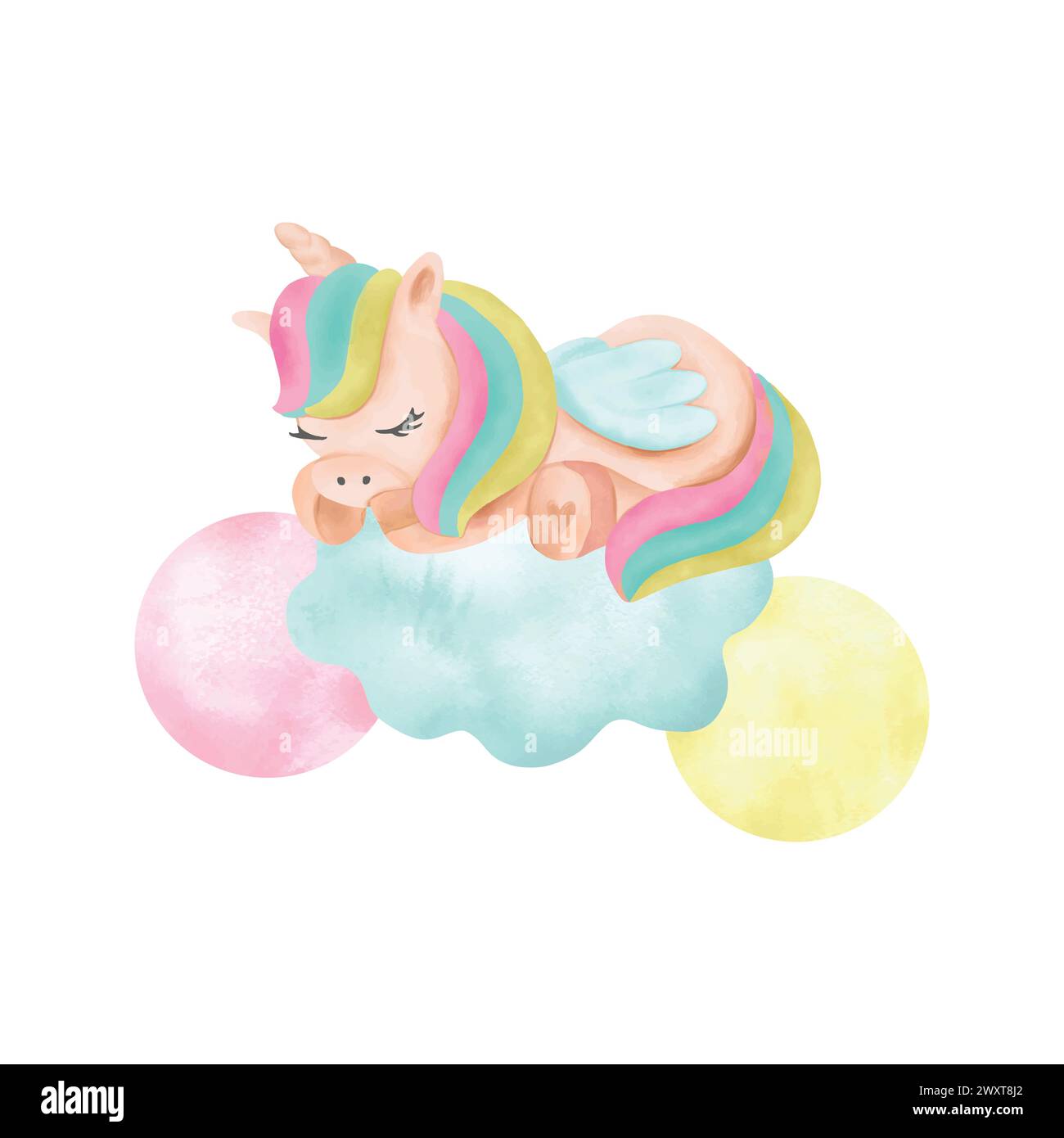 Cute unicorn sleeping on a cloud, watercolor. Hand drawn vector ...