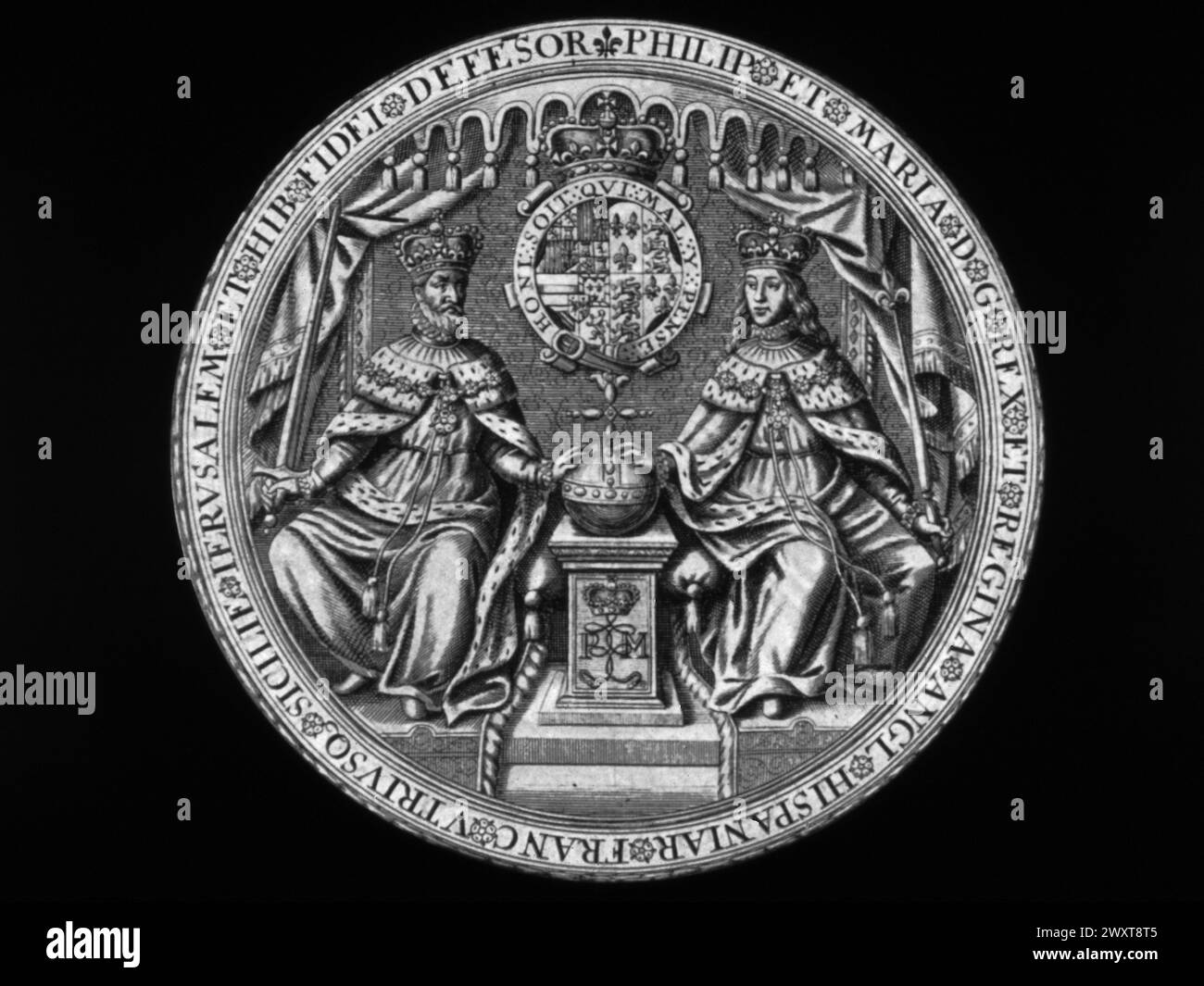 Mary Tudor and her husband Philip II of Spain, engraving from a medallion, 16th century Stock Photo