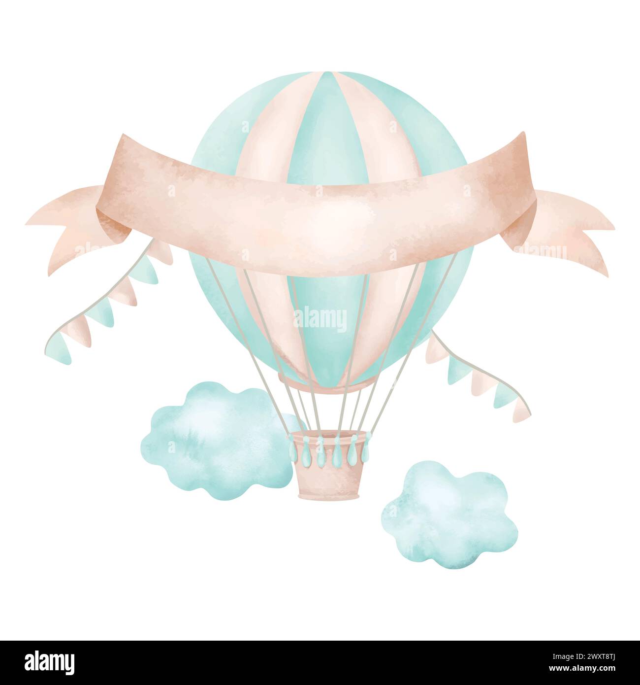 Air balloon, banner for text, clouds, watercolor. Hand drawn vector illustration in pastel colors for cards, invitations, brochures, websites, covers. Stock Vector