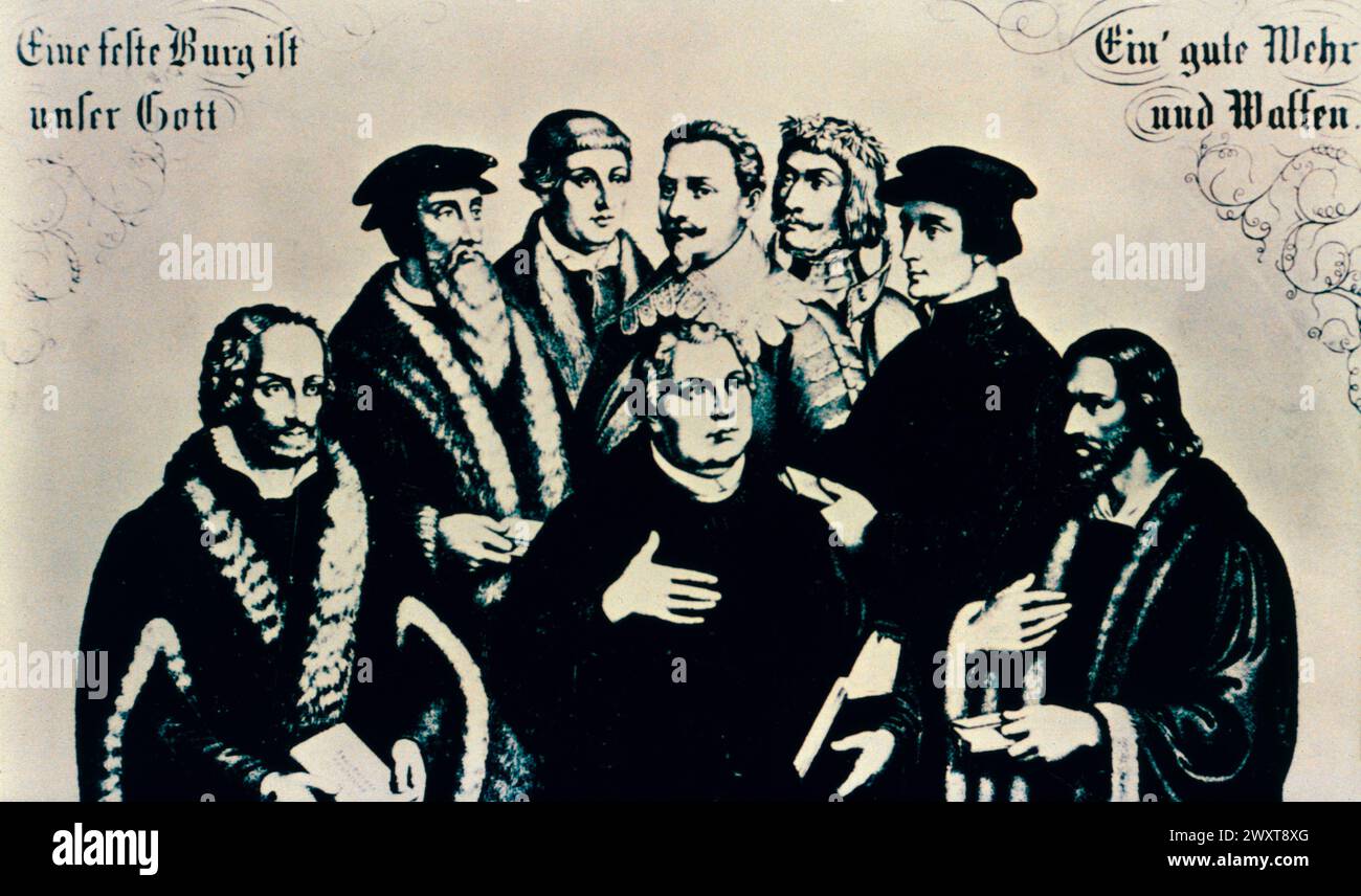 Major figures of the Reformation: Philipp Melanchthon, Martin Luther, John Hus, John Calvin, Gustavus Adolphus, Ulrich Zwingli, Johannes Bugehagen and Ulrich Von Hutten, illustration, 16th century Stock Photo