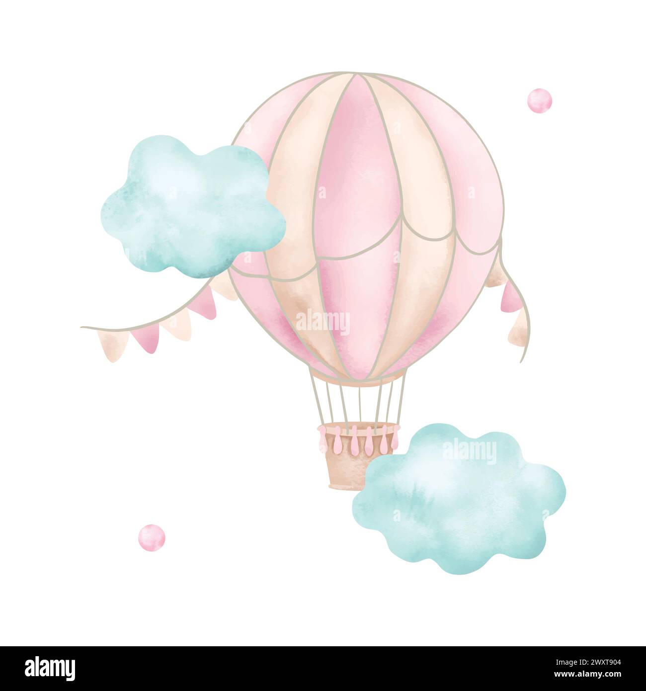 Air balloon, flags, clouds, watercolor. Hand drawn vector illustration in pastel colors for cards, invitations, room design, websites, covers. Vintage Stock Vector