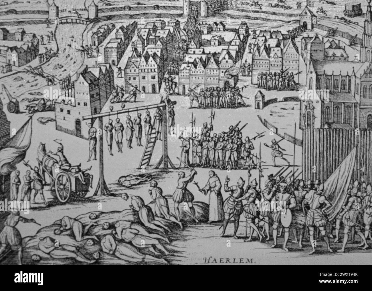 The Spanish execute Protestants in Haarlem, the Netherlands, engraving by Flemish artist Frans Hogenberg, 16th century Stock Photo