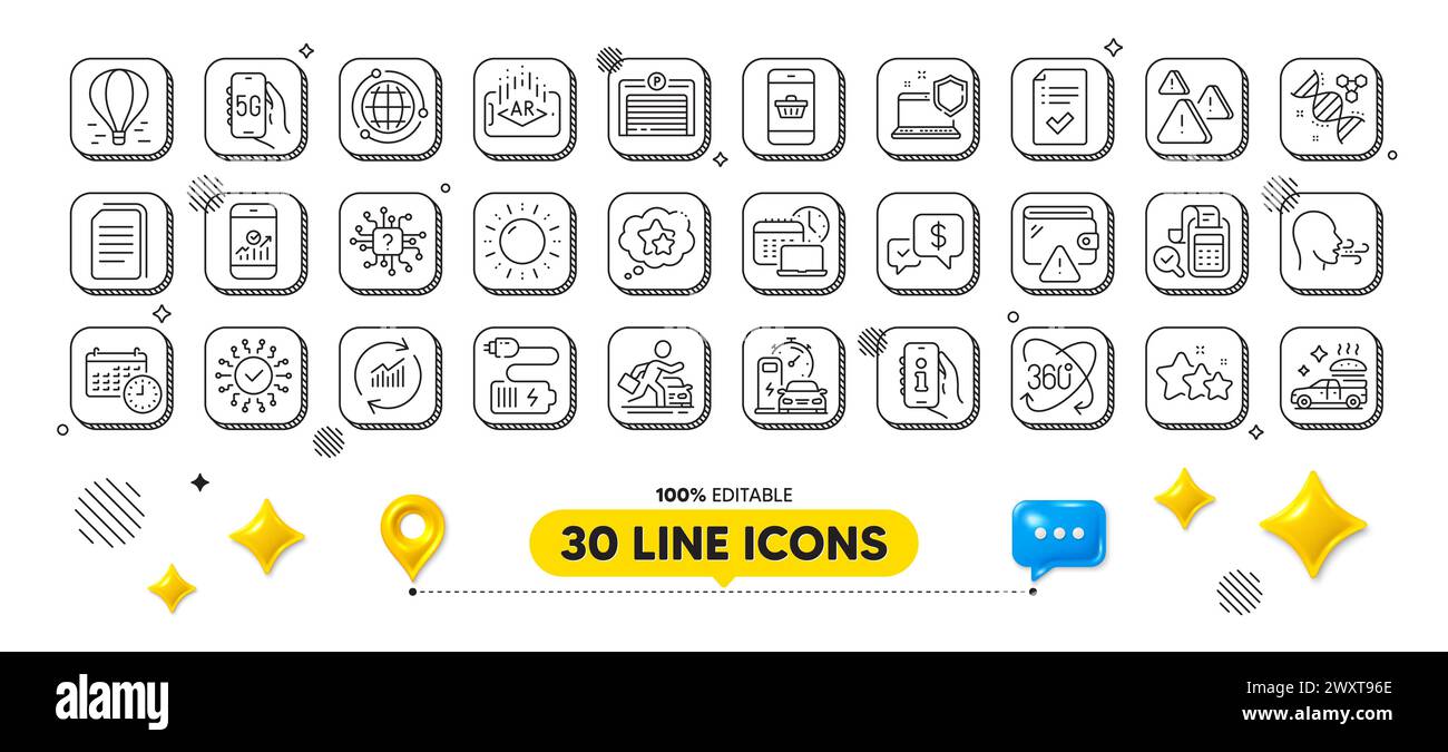 Augmented reality, Globe and Breathing exercise line icons pack. For web app. 3d design elements. Vector Stock Vector