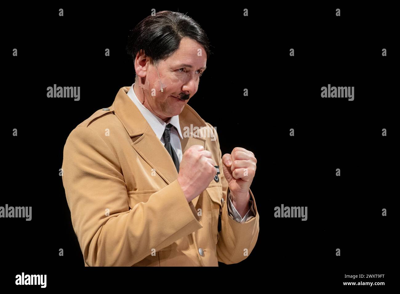 Actor Zdenek Kupka as Adolf Hitler at the rehearsal Timur Vermes's comedy Look Who's Back in F. X. Salda Theatre in Liberec, Czech Republic, April 2, 2024. (CTK Photo/Radek Petrasek) Stock Photo