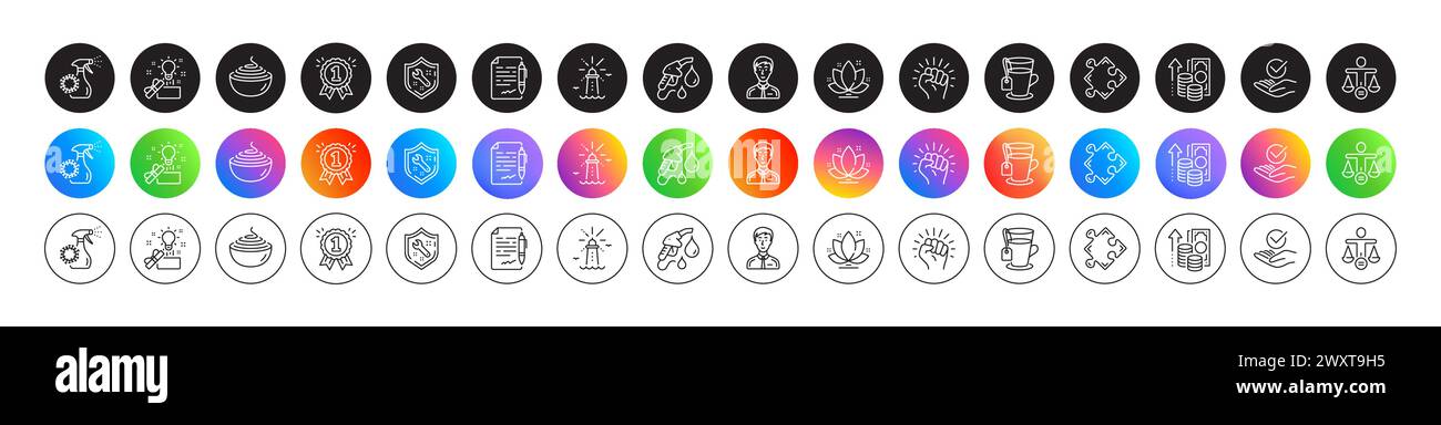 Approved, Businessman person and Lotus line icons. For web app, printing. Round icon buttons. Vector Stock Vector