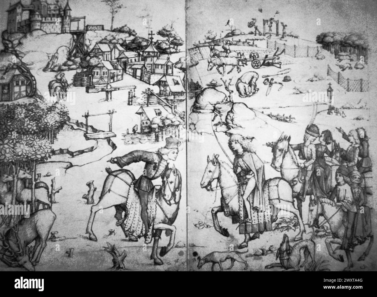 Life in medieval manor, engraving by artist Master of the Amsterdam Cabinet, 15th century Stock Photo