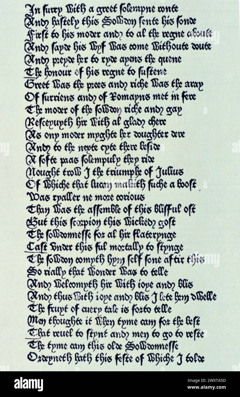 Printed manuscript of English poet Geoffrey Chaucer's Canterbury Tales, Caxton 1478 Stock Photo