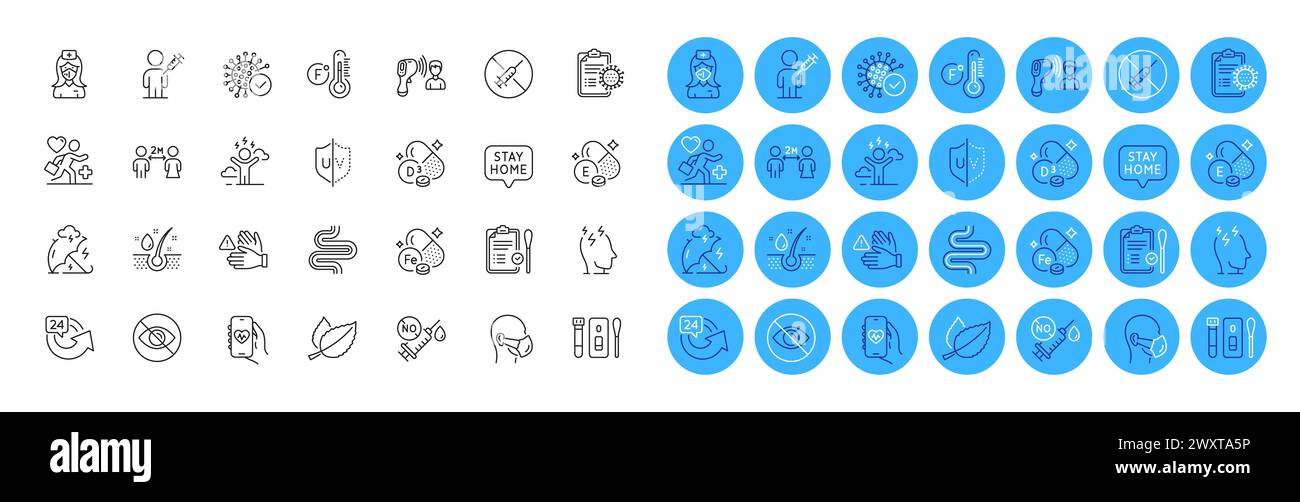 No vaccine, Health app and Cholecalciferol line icons pack. For web app ...