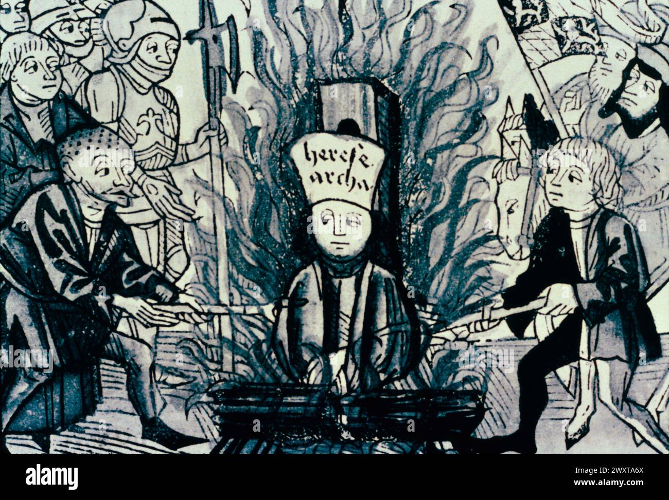 Jan Hus is burned for heresy at the Council of Pisa, woodcut, 14th century Stock Photo
