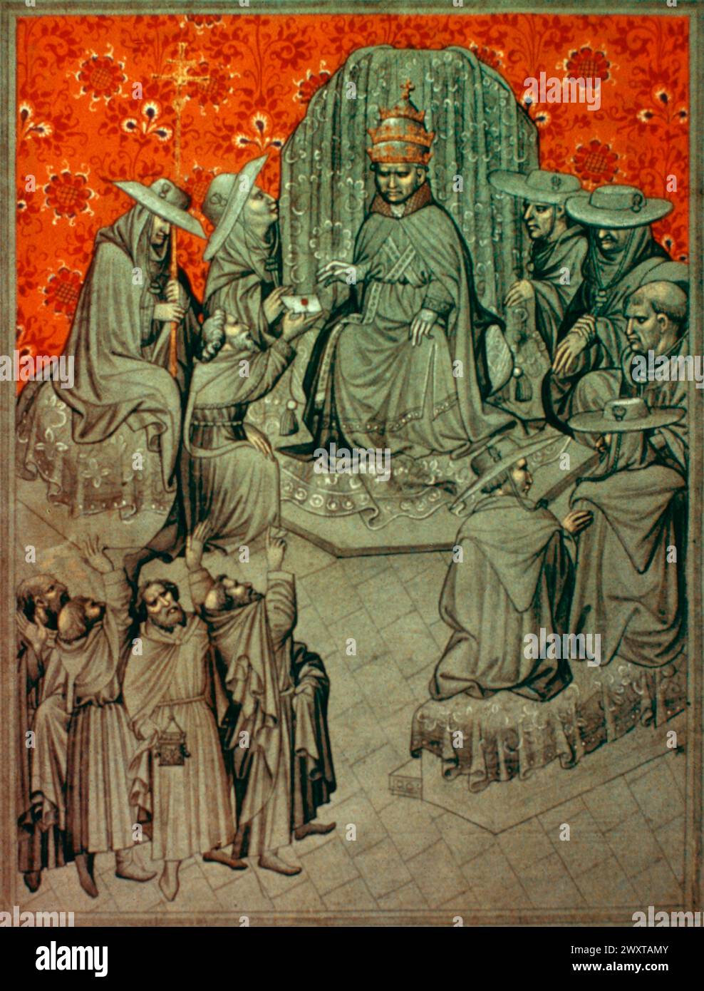 Pope John XXII with Greek monks begging for aid, middle age illustration Stock Photo