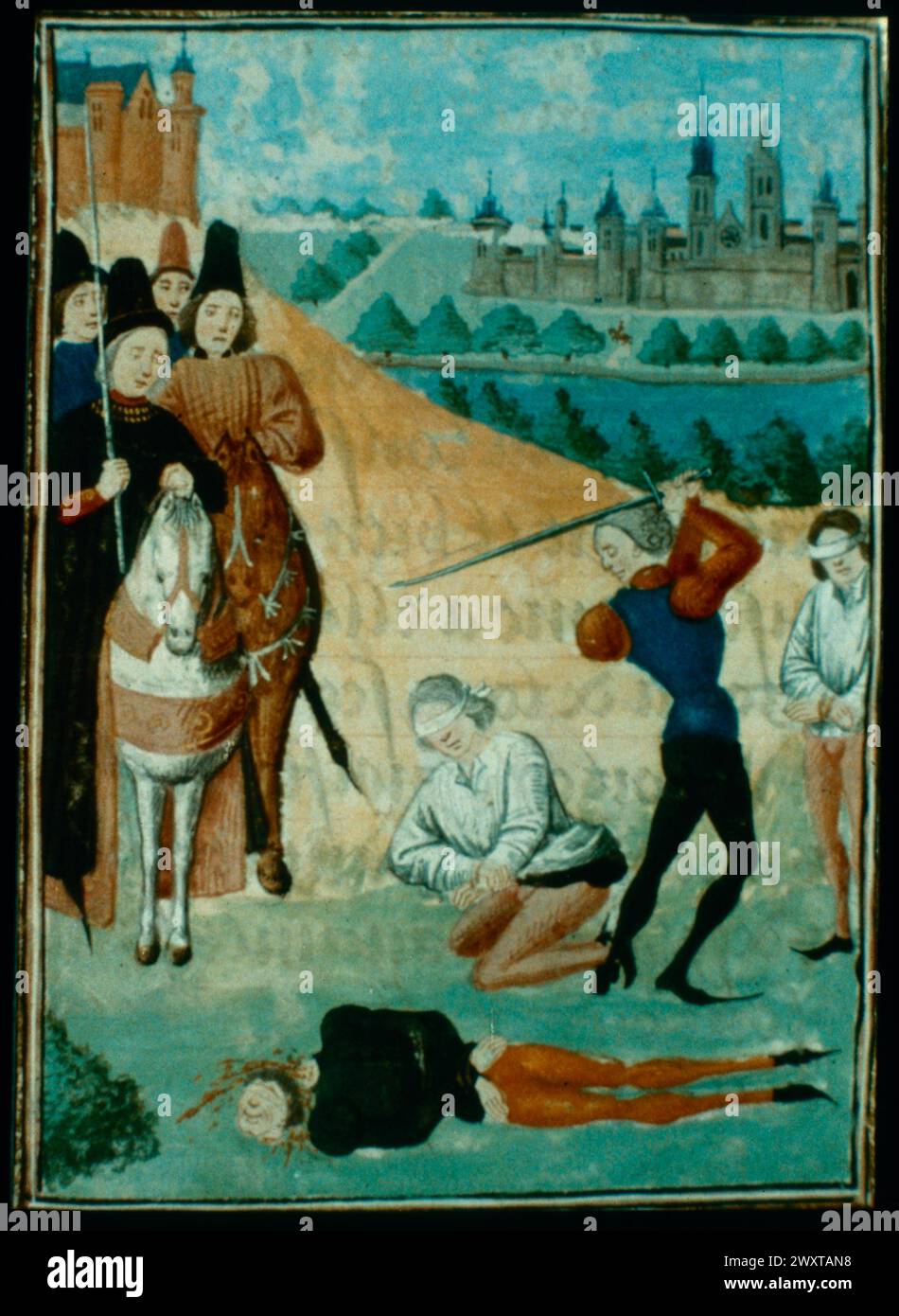 The execution of the Councillors of Richard II, King of England, illustration in Froissart's Chroniques, 1400s Stock Photo