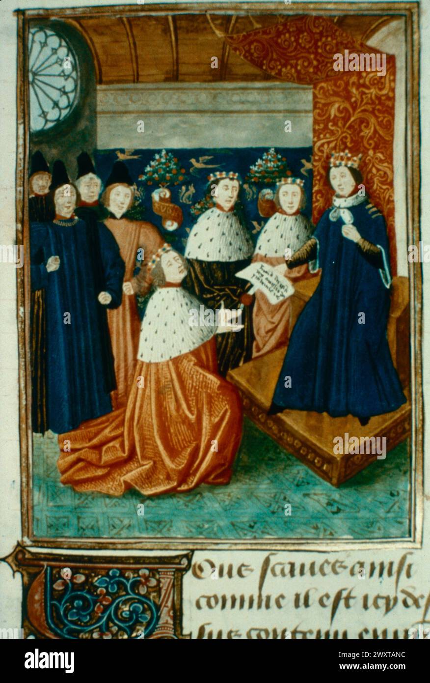 Richard II, King of England, gives Aquitane to John of Gaunt, illustration in Froissart's Chroniques, 1400s Stock Photo