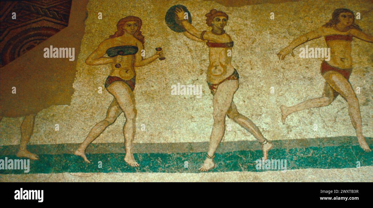 Roman women athletes, ancient Roman mosaic, Piazza Armerina, Sicily 300 AD Stock Photo