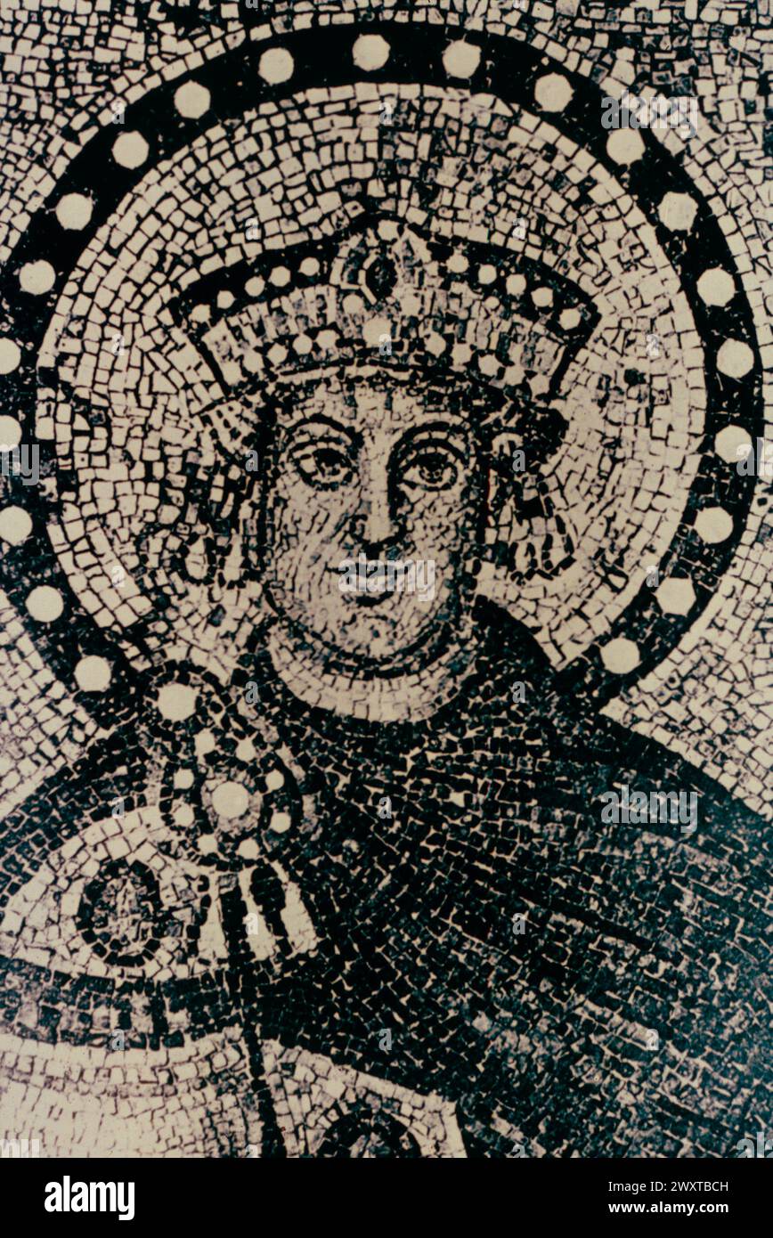 Last Roman emperor and first Byzantine emperor Justinian, detail of mosaic, Ravenna, Italy 600 AD Stock Photo