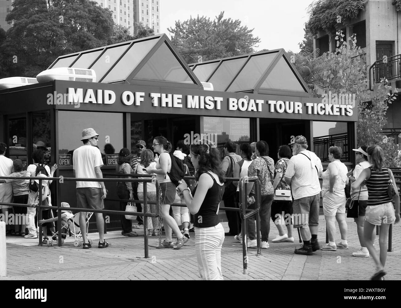 Tourists buy tickets to Maid of the Mist Niagra Falls Canada Stock Photo