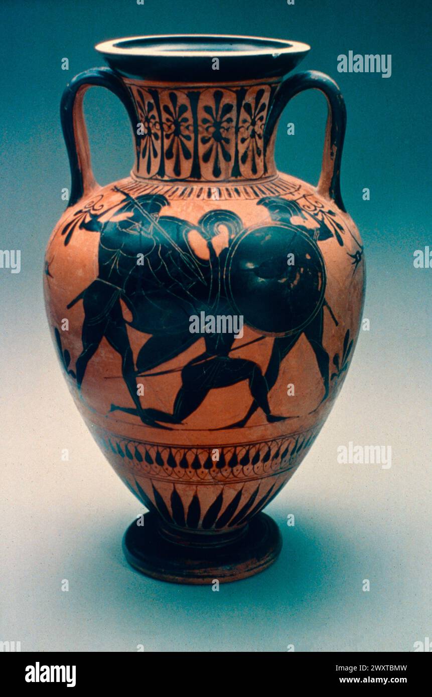 Attic style scene of battle with Greek warriors, painting on amphora ...