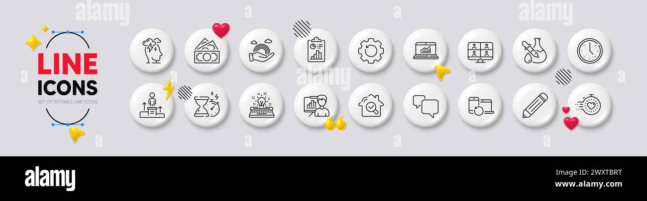 Money, Speech bubble and Business podium line icons. For web app, printing. White buttons 3d icons. Vector Stock Vector