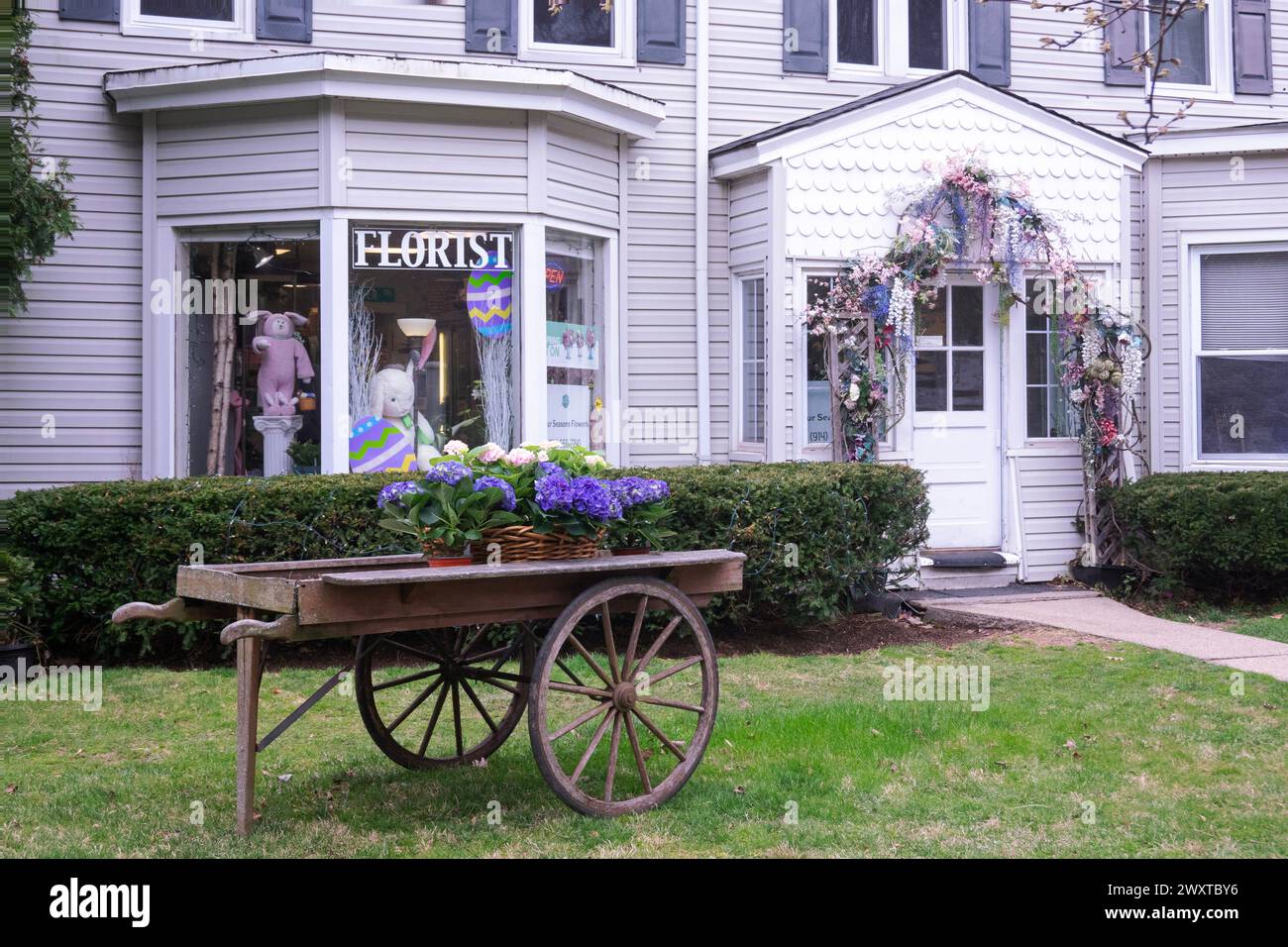 The ornate exterior of Four Season Flower Shop in Westchester with easter & spring decorations. On East Main Street in Mount Kisco. Stock Photo