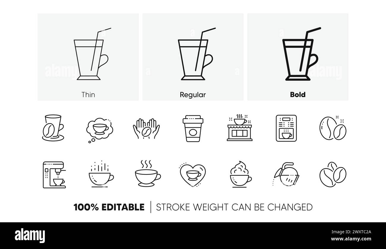 Coffee line icons. Beans, hot cocktail and coffee maker machine. Linear ...