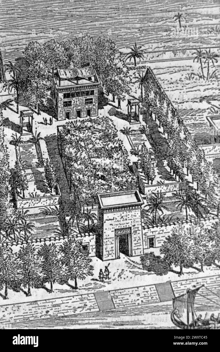 Reconstruction of the villa and garden of an Egyptian noble of the Old Kingdom, Egypt 2500 BC Stock Photo