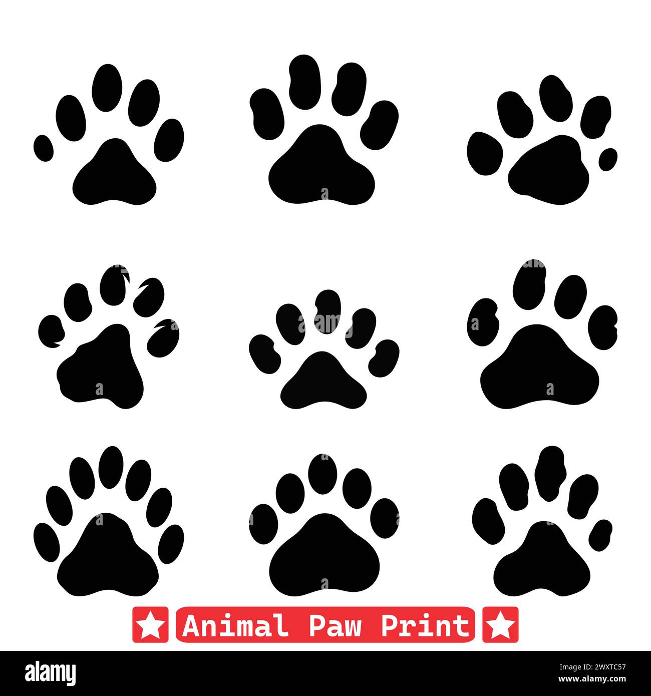 Embody the spirit of the wild with our captivating animal paw print vector silhouette design. Crafted with precision, its an essential element for any Stock Vector