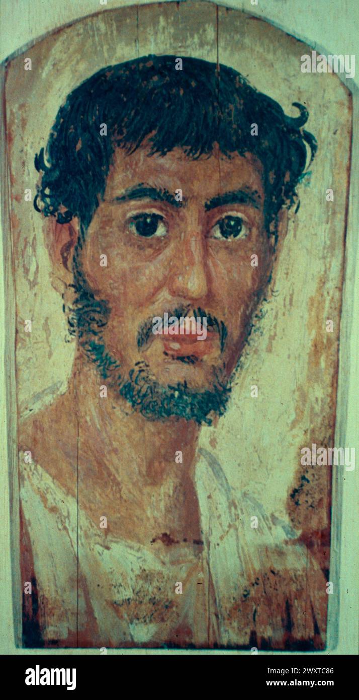 A mummy mask portrait, painting on wood from the Ptolemaic period, Egypt 400 BC Stock Photo