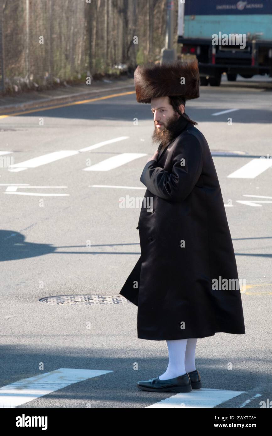 On Purim, an orthodox Jewish man in a shtreimel fur hat and high socks, crosses a street in Brooklyn, New York. Stock Photo