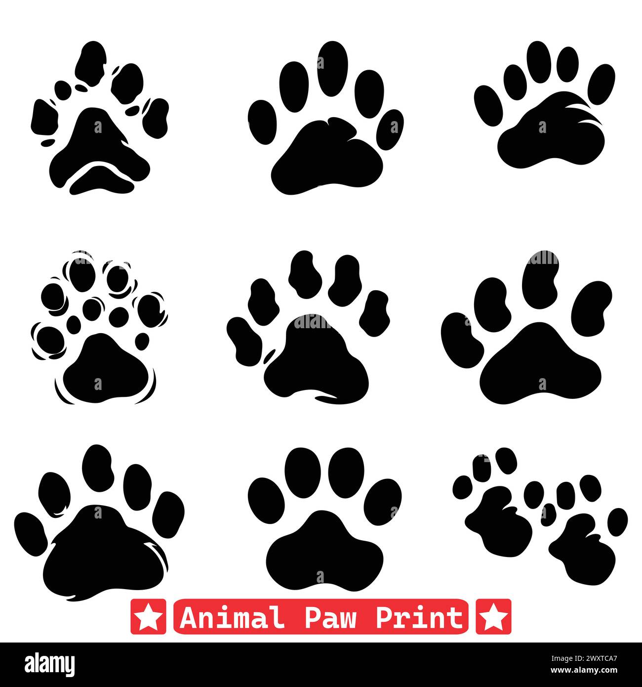 Unleash your creativity with our intricate animal paw print vector silhouette design. Whether for posters, apparel, or digital artwork, it adds a wild Stock Vector