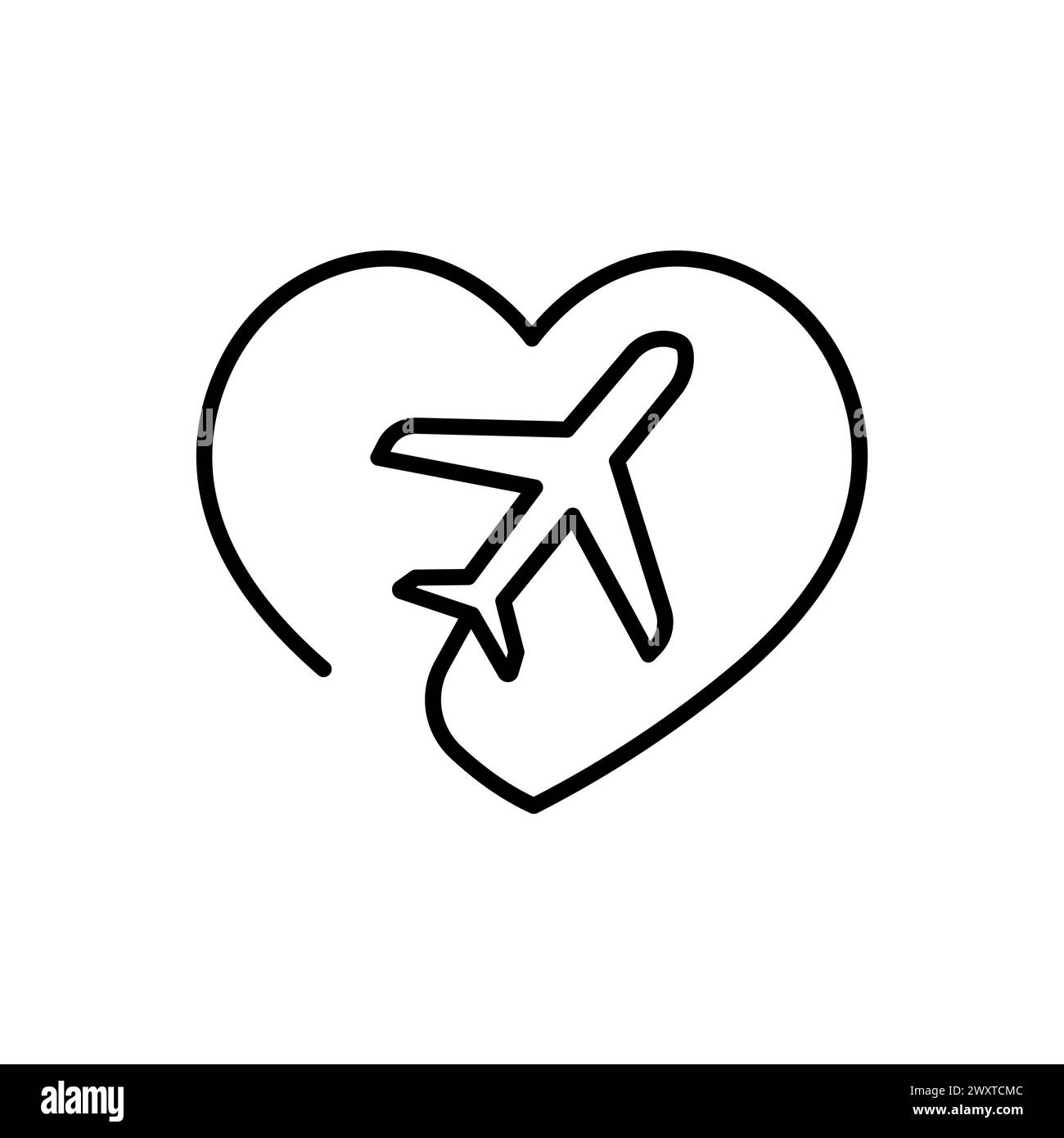Airplane and heart vector image on white background. Traveling by plane. Love to travel graphic picture. Linear image of an airplane. Stock Vector