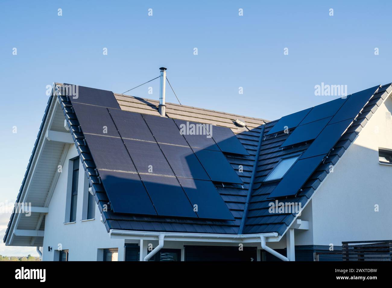 Solar panels on a modern house. Graven hill, Bicester, Oxfordshire, England Stock Photo