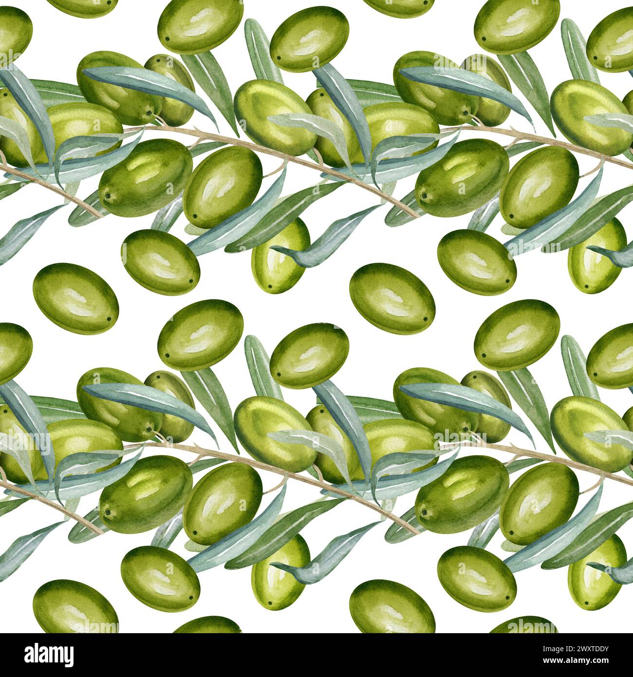 watercolor seamless pattern with branch of green olives with leaves and ...