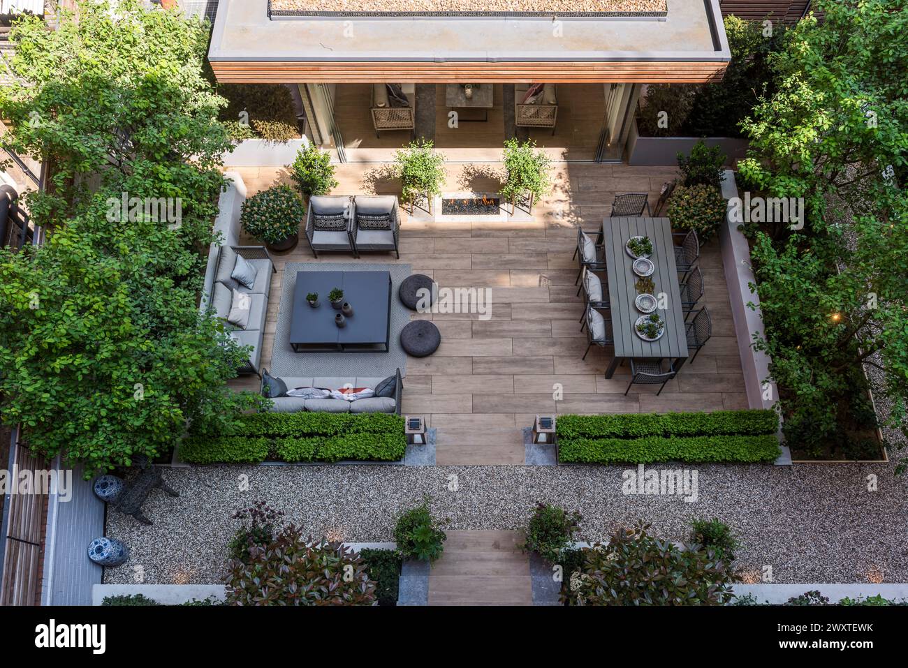 Elevated view of modern townhouse garden in Chelsea, West London, UK Stock Photo