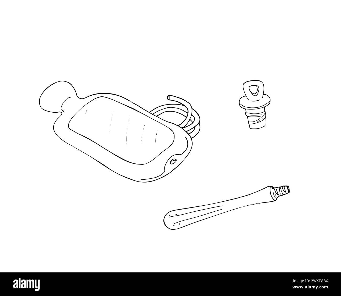 Hand-drawn Enema with a heating pad. Vector doodle illustration. Aid