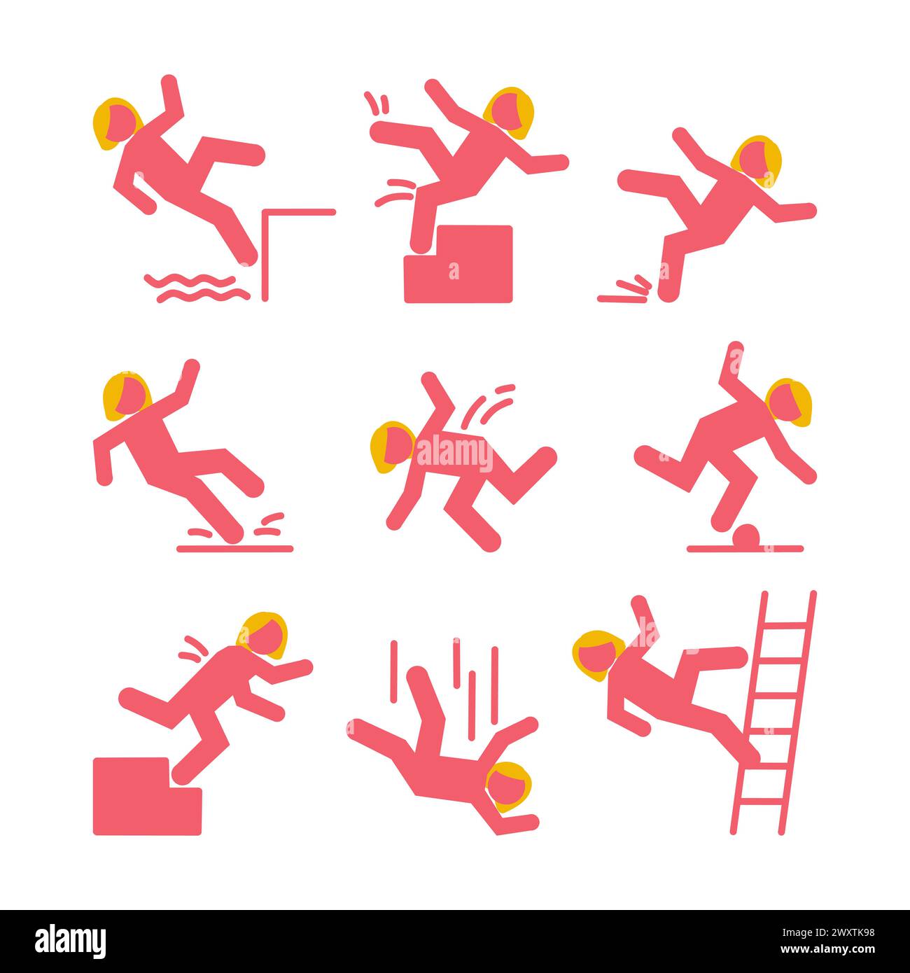 Set of caution symbols with pink falling stick figure woman. She falls down the stairs and over the edge. Wet floor, stuck on stairs. Workplace safety Stock Vector