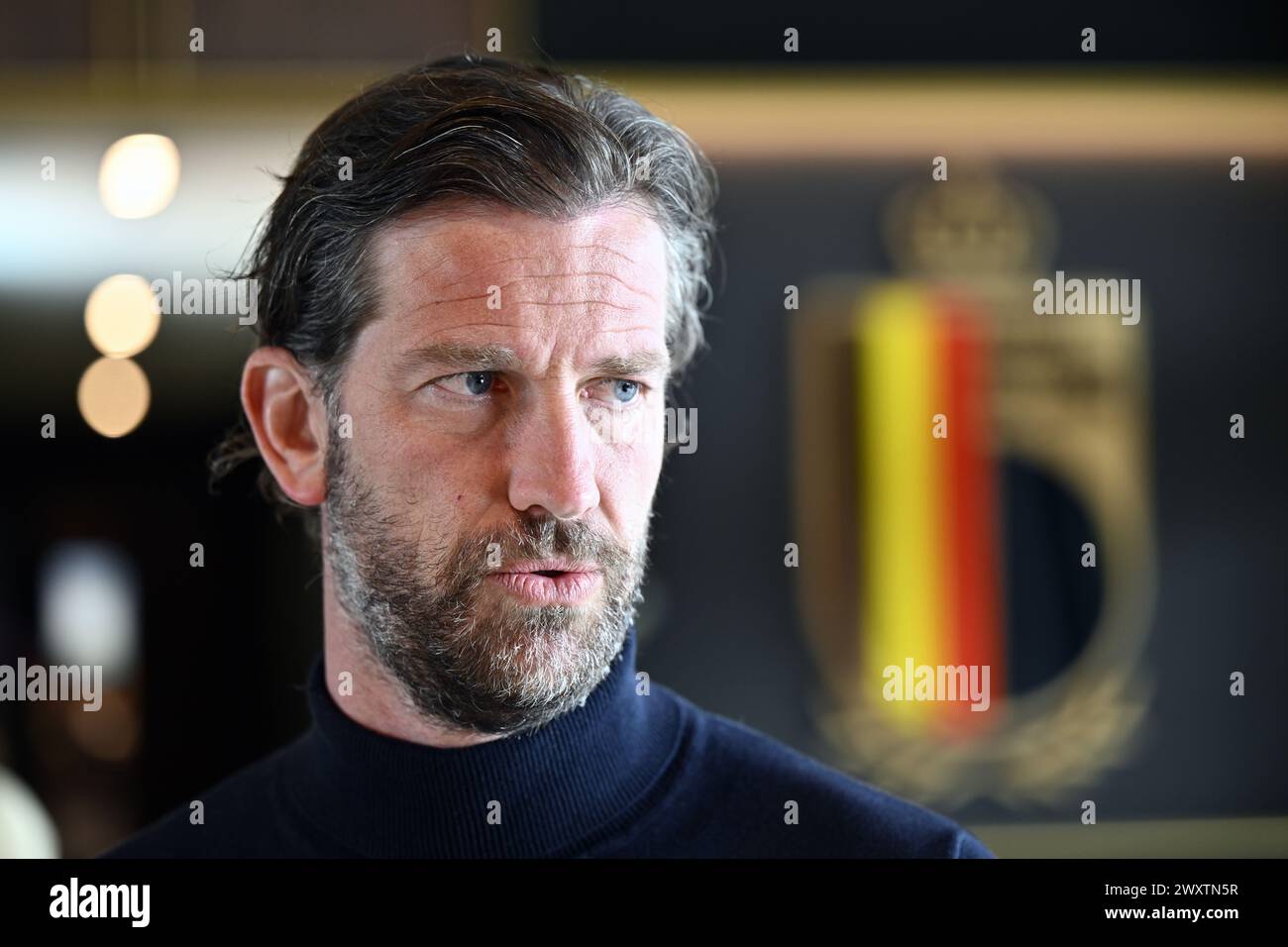 Former Westerlo coach Rik De Mil pictured at a meeting of the disciplinary committee at the Royal Belgian Football Association RBFA, Tuesday 02 April 2024 in Tubize. The KBVB's public prosecutor's office has summoned both coaches and all players from the game between Westerlo and Racing Genk for misconduct during the match. BELGA PHOTO ERIC LALMAND Stock Photo