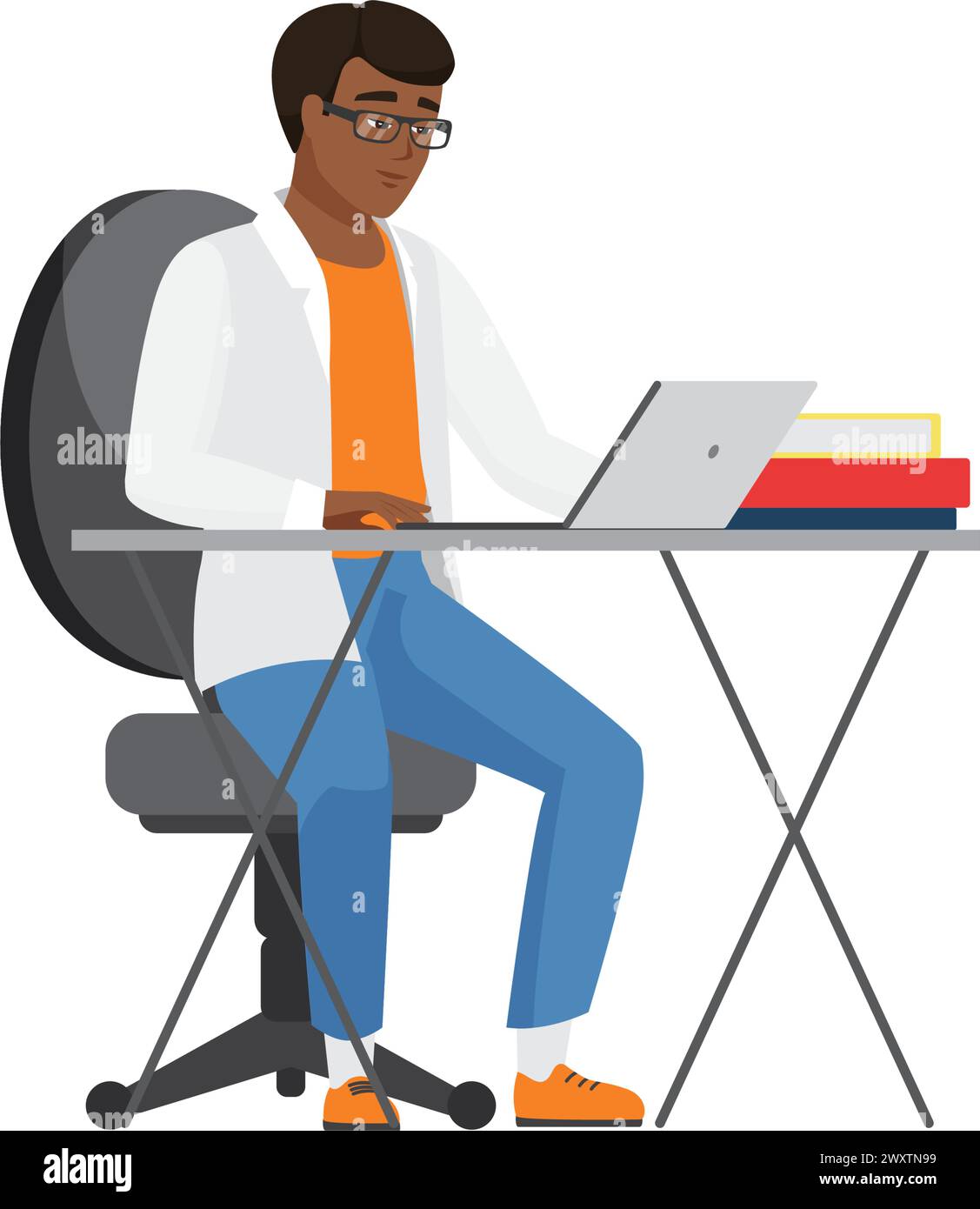 Student character working on laptop. Student boy sitting at workplace flat vector illustration Stock Vector