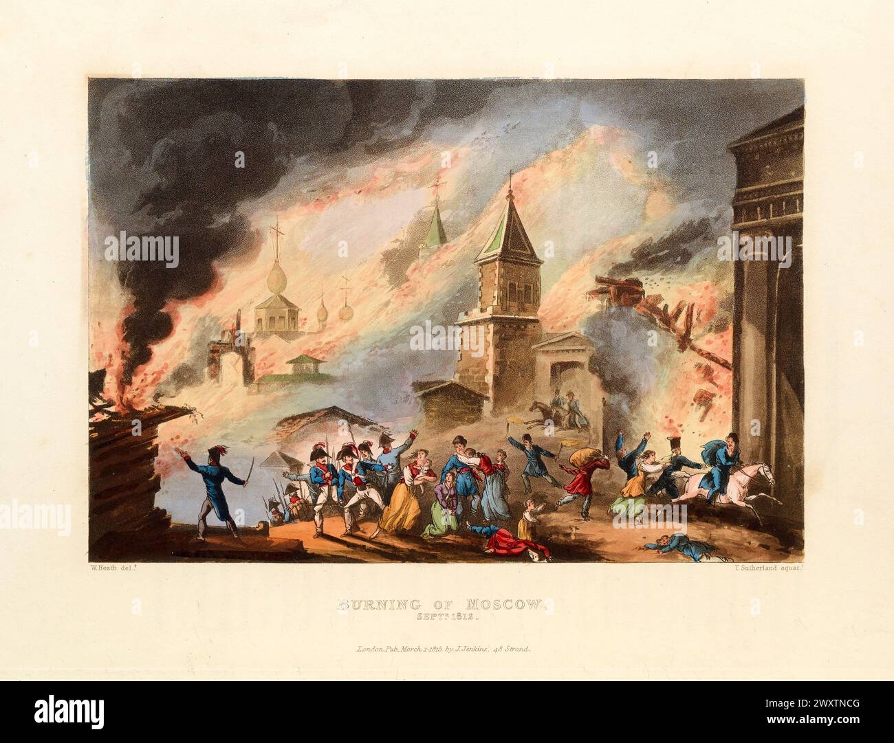 Burning of Moscow, September 1812.  Vintage Coloured Aquatint, published by James Jenkins, 1815,  from  The martial achievements of Great Britain and her allies : from 1799 to 1815. Stock Photo