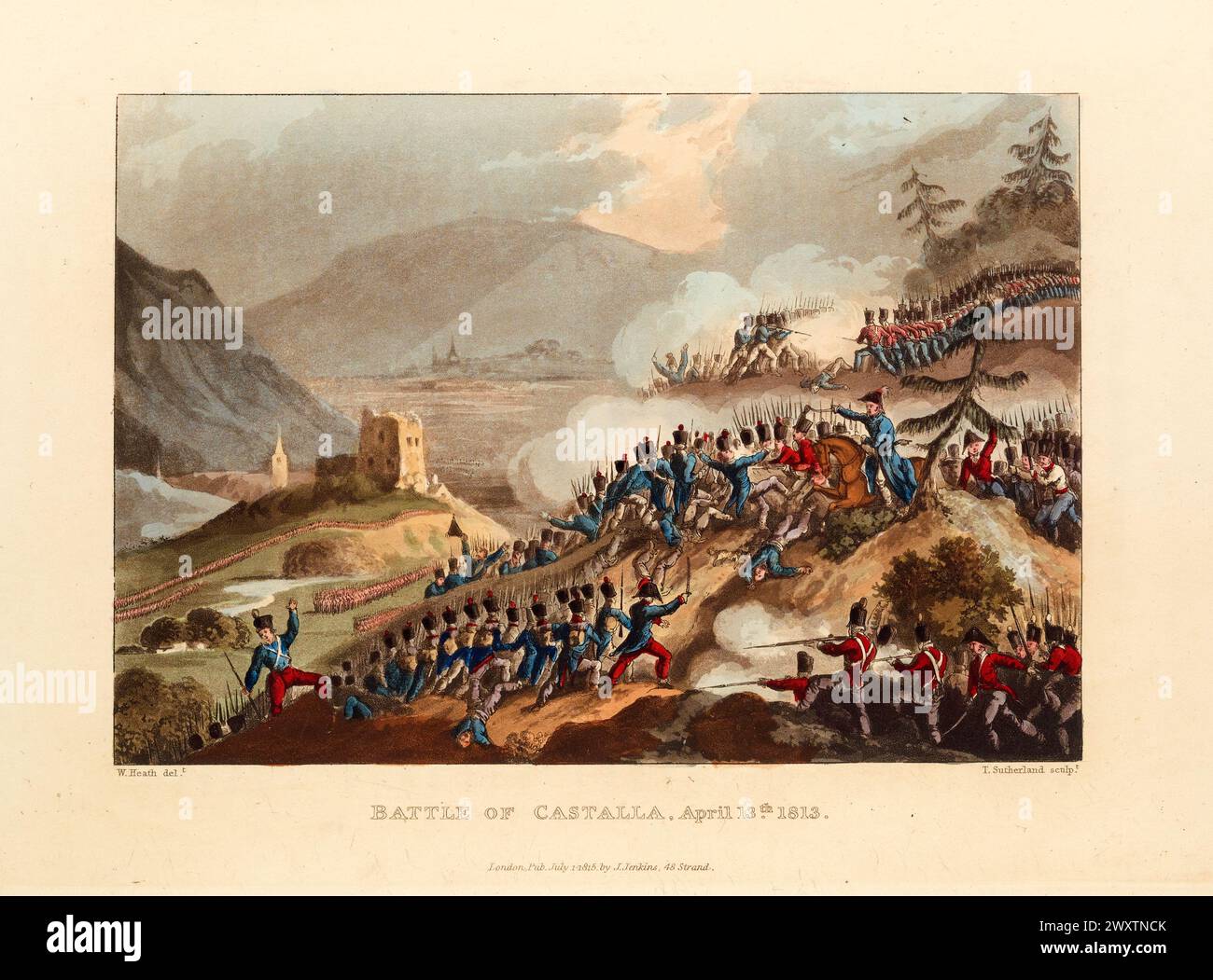 Battle of Castalla, April 12, 1813. Vintage Coloured Aquatint, published by James Jenkins, 1815,  from  The martial achievements of Great Britain and her allies : from 1799 to 1815. Stock Photo