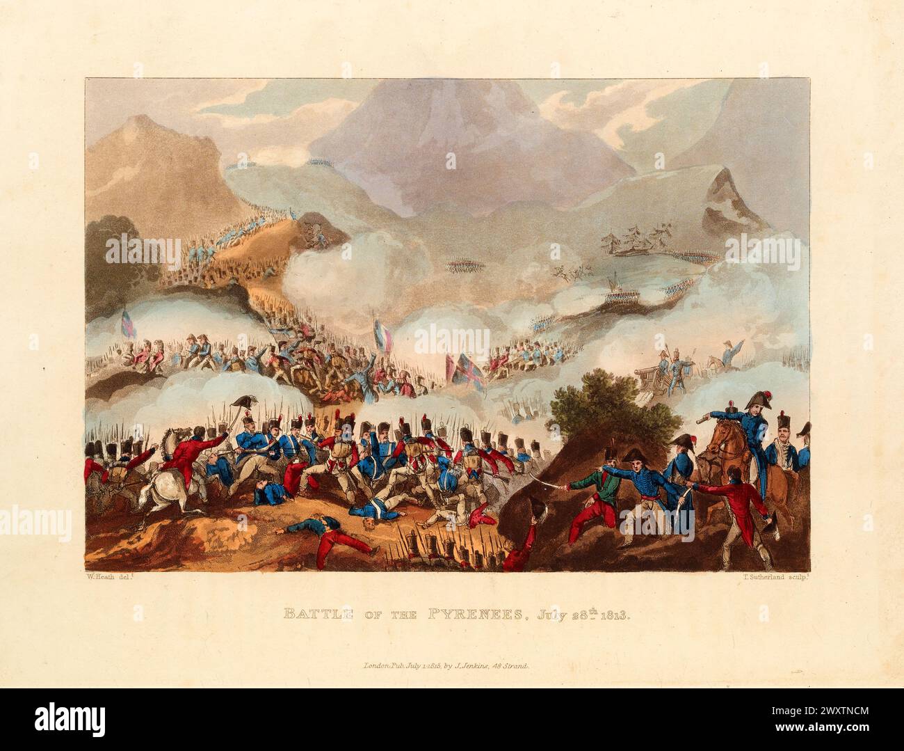 Battle of the Pynenees, July 28, 1813.  Vintage Coloured Aquatint, published by James Jenkins, 1815,  from  The martial achievements of Great Britain and her allies : from 1799 to 1815. Stock Photo