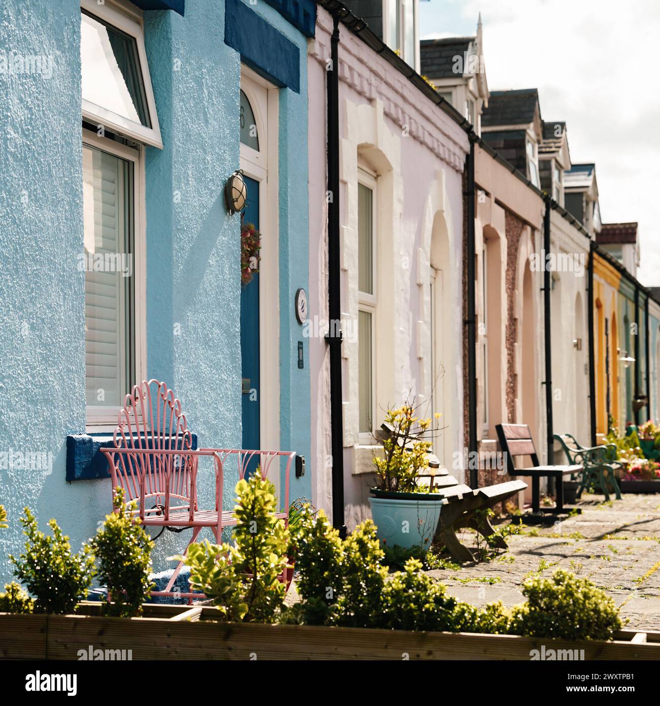 Pretty painted houses on Simpson Street in Cullercoats, North Tyneside Stock Photo