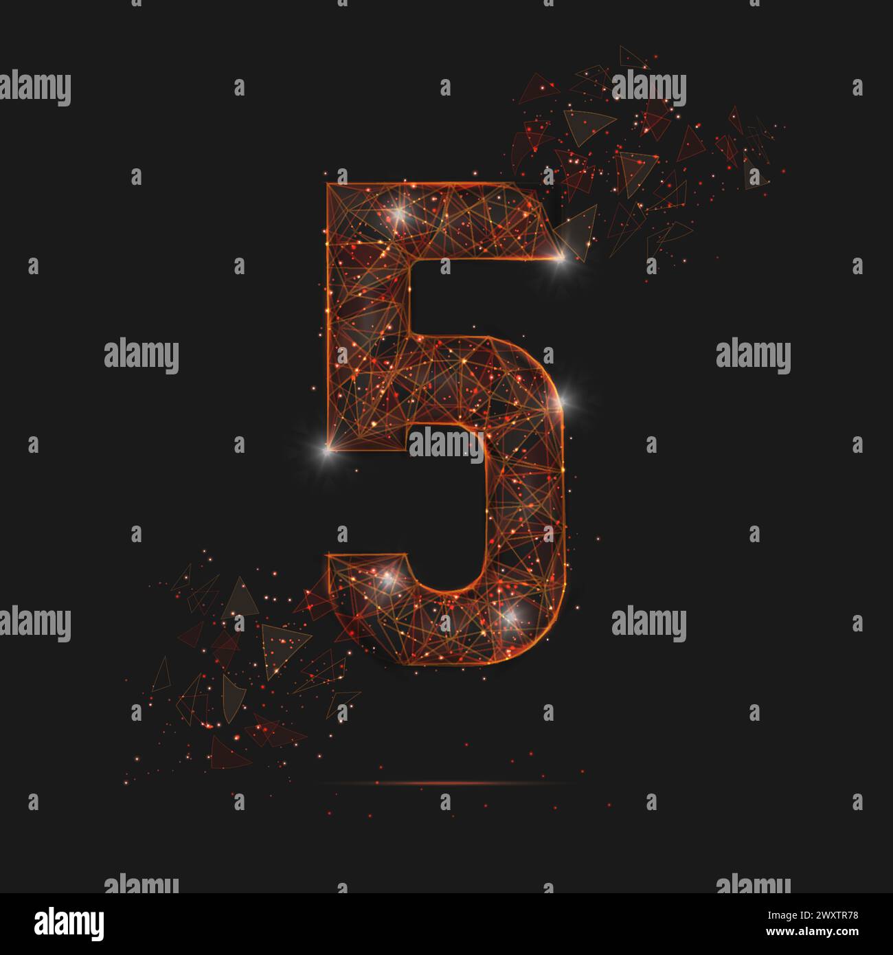 Abstract isolated orange image of a number five. Polygonal illustration looks like stars in the blask night sky in spase or flying glass shards Stock Vector