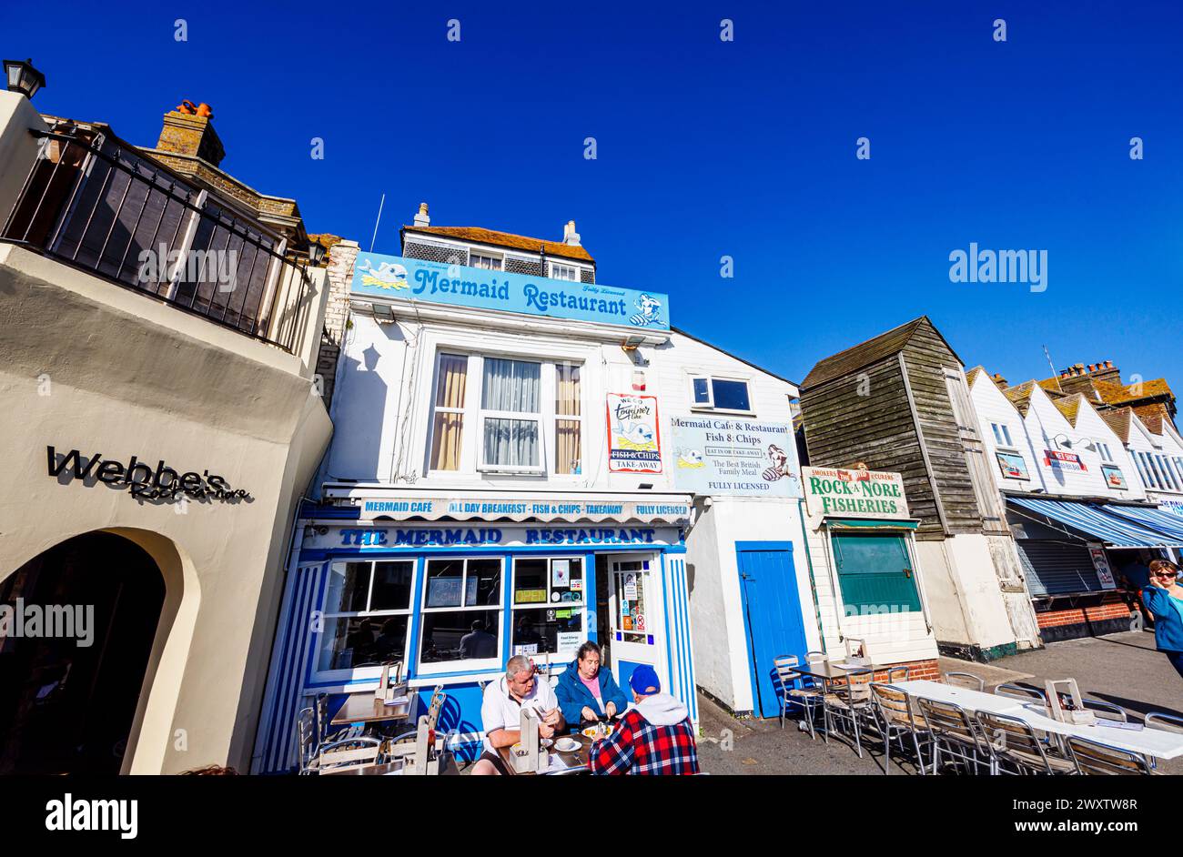 The Mermaid Restaurant, café and fish and chip shop in Rock-a-Nore Road in the Stade in the Old Town of Hastings, East Sussex, England Stock Photo
